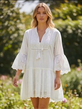 RHEA NWT Boho Lace-Trim White Tunic Dress eyelet lace  COTTON OS small to large